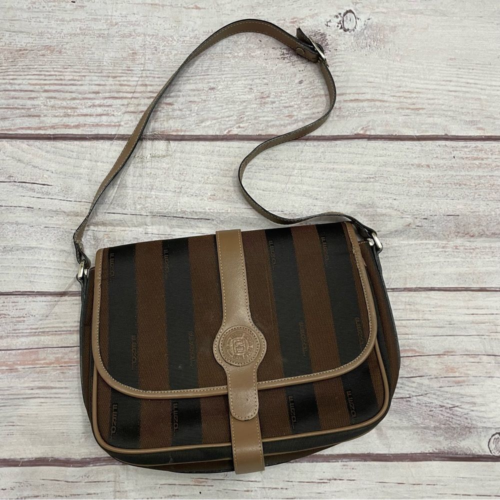 Vintage Fendi Pequin Stripe Crossbody Shoulder Bag Front Flap Brown Tan